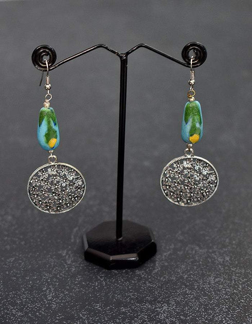 Metal Pendant Earrings With Blue Pottery Bead